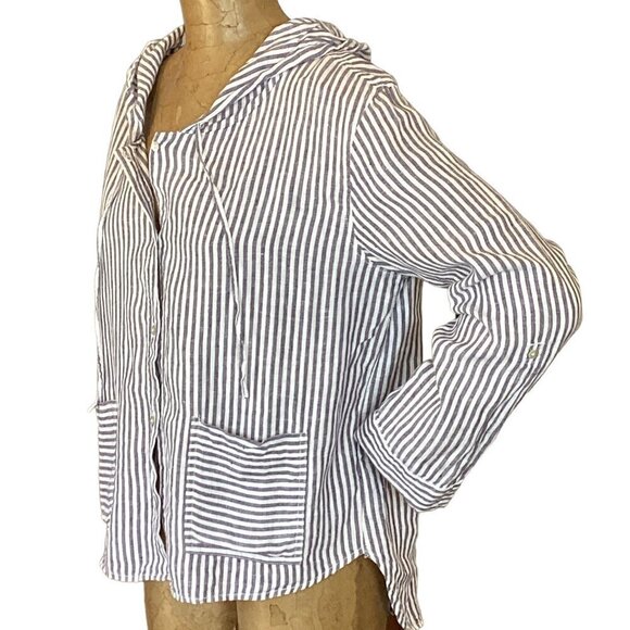 Tahari 100% Linen Button Up Hooded Overshirt Top Sz M Blue & White 290E - Picture 4 of 7